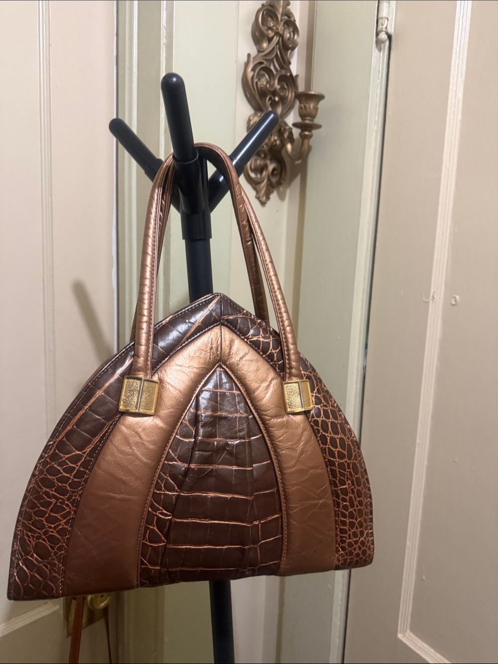 Brown Metallic Croc-Texture Structured Tote Bag